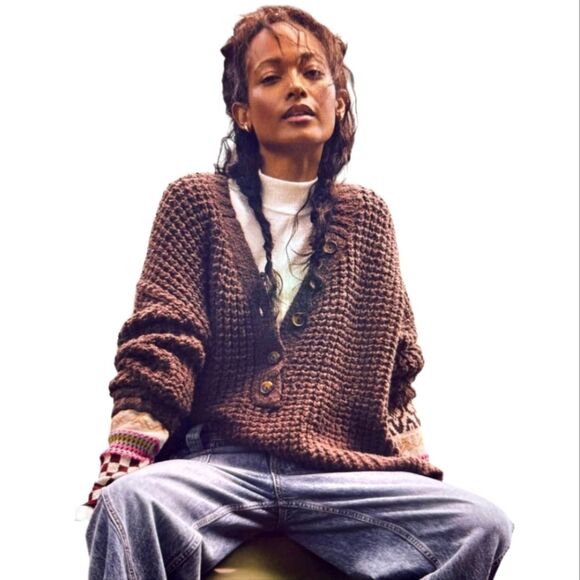 Free People Oversized Whistle Thermal Henley Sweater Brown - Picture 13 of 13